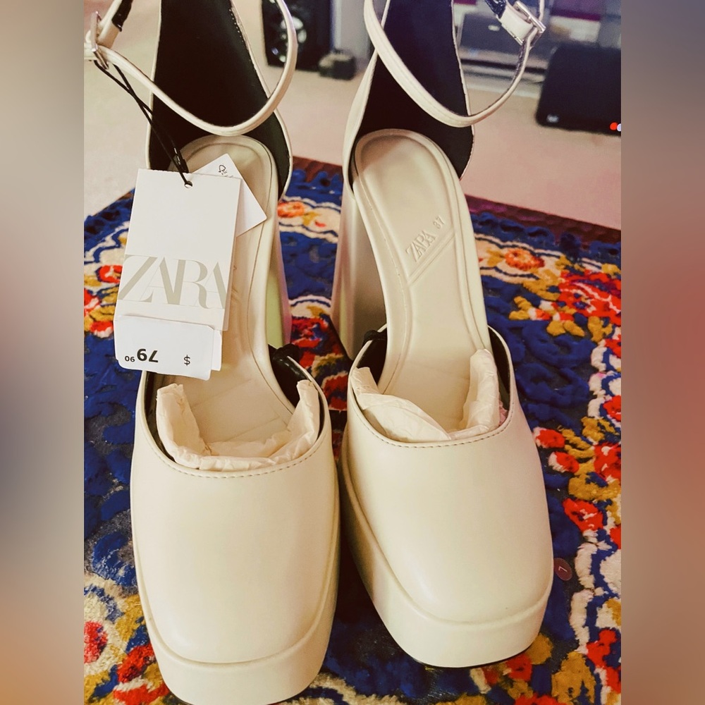 Zara Shoes | Chunky Platform Heeled Sandals Color: Cream/White Size: 6.5